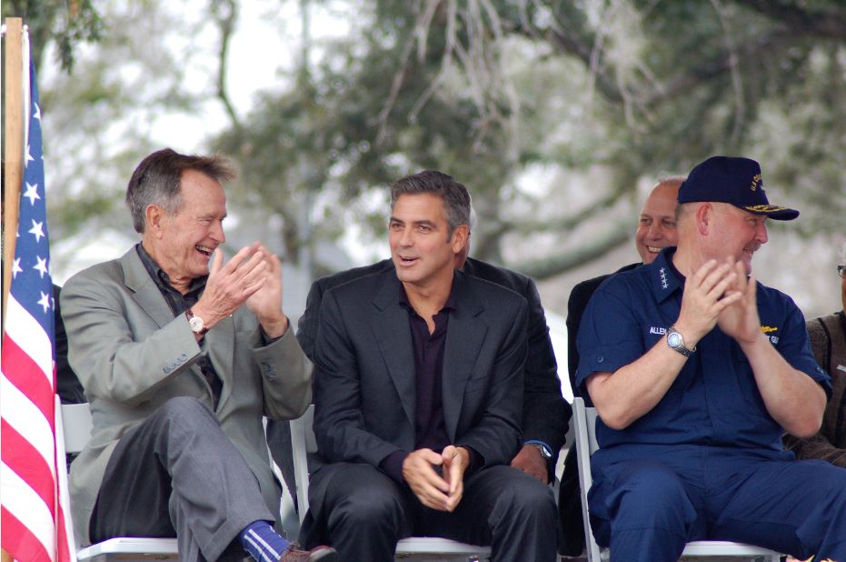 Former President George H.W. Bush in Cameron Parish with actor George Clooney dedicating money to rebuild South Cameron Memorial Hospital following Hurricane Rita. (PHOTO: Alan DesOrmeaux)