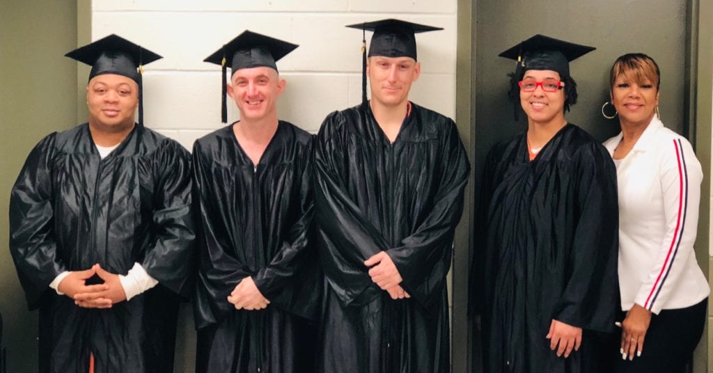 Pictured at left are inmates Coby Thomas, Kryan Mcneal, Chet Richard, Donisha Duruisseau, and HISET Instructor Deputy Lillian Rideaux.