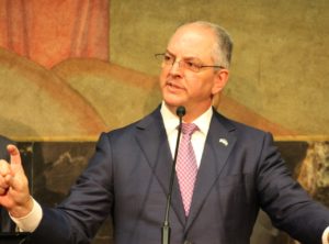 Gov. John Bel Edwards spoke in support of the Veterans First Business Initiative at a press event for Central Louisiana business development at the State Capitol on May 22, 2019. (Photo Credit: Madeline Meyer / LSU Manship School News Service)